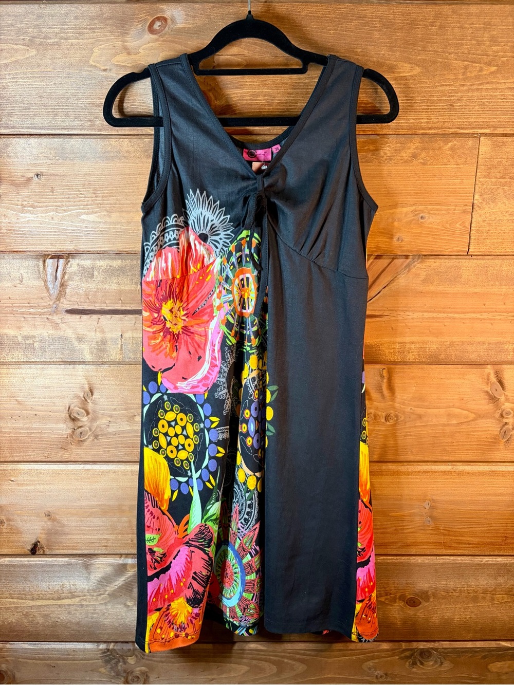 Cotondumonde France Black Abstract Floral Boho Tank Dress 100% Cotton Small 💕🖤